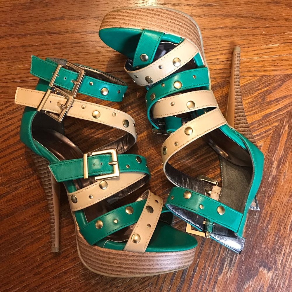 Gorgeous Tan, Teal & Gold Studded Double Ankle Strap High Heels! - Picture 4 of 16